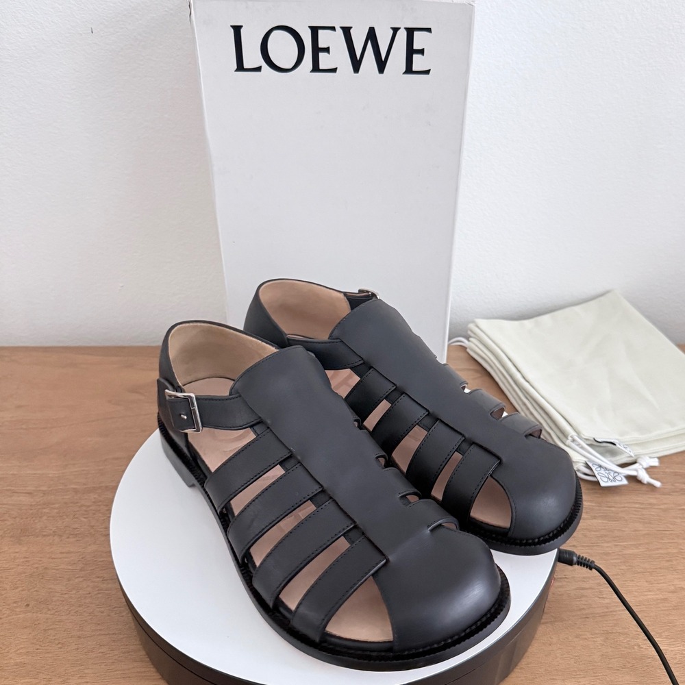 Loewe Campo Fisherman Sandals Black Calfskin Leather Made in Italy sz 41